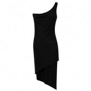 90s Cache Rolled One Shoulder Asymmetrical Hem Draped Midi Dress Black Size M